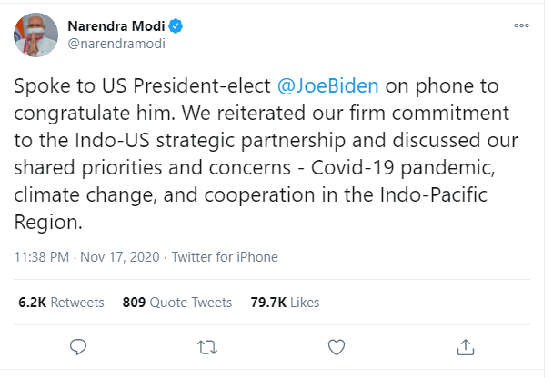 Modi tweet to joeBiden